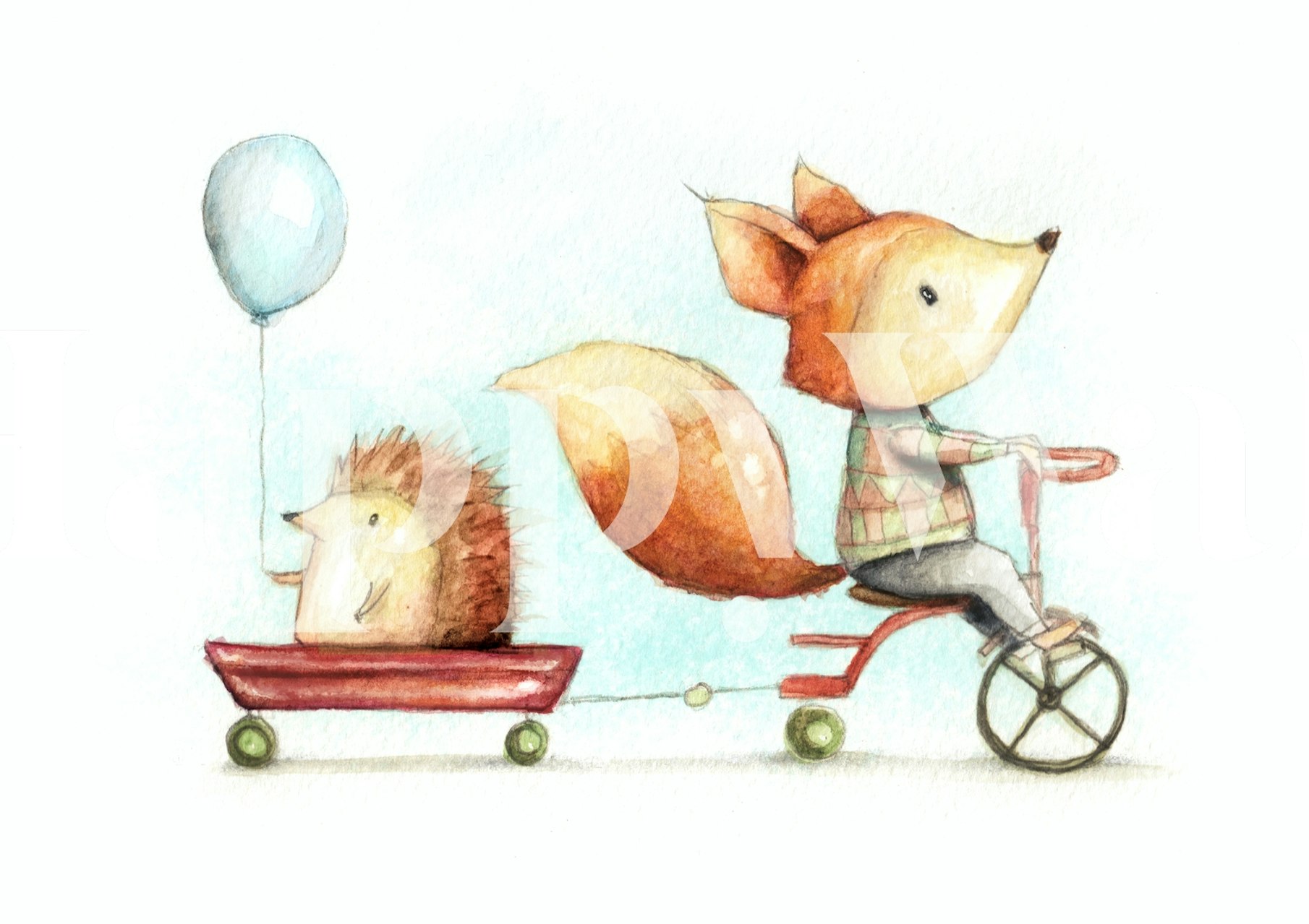 Fox on a bicycle pulling hedgehog in a wagon with a blue balloon wallpaper