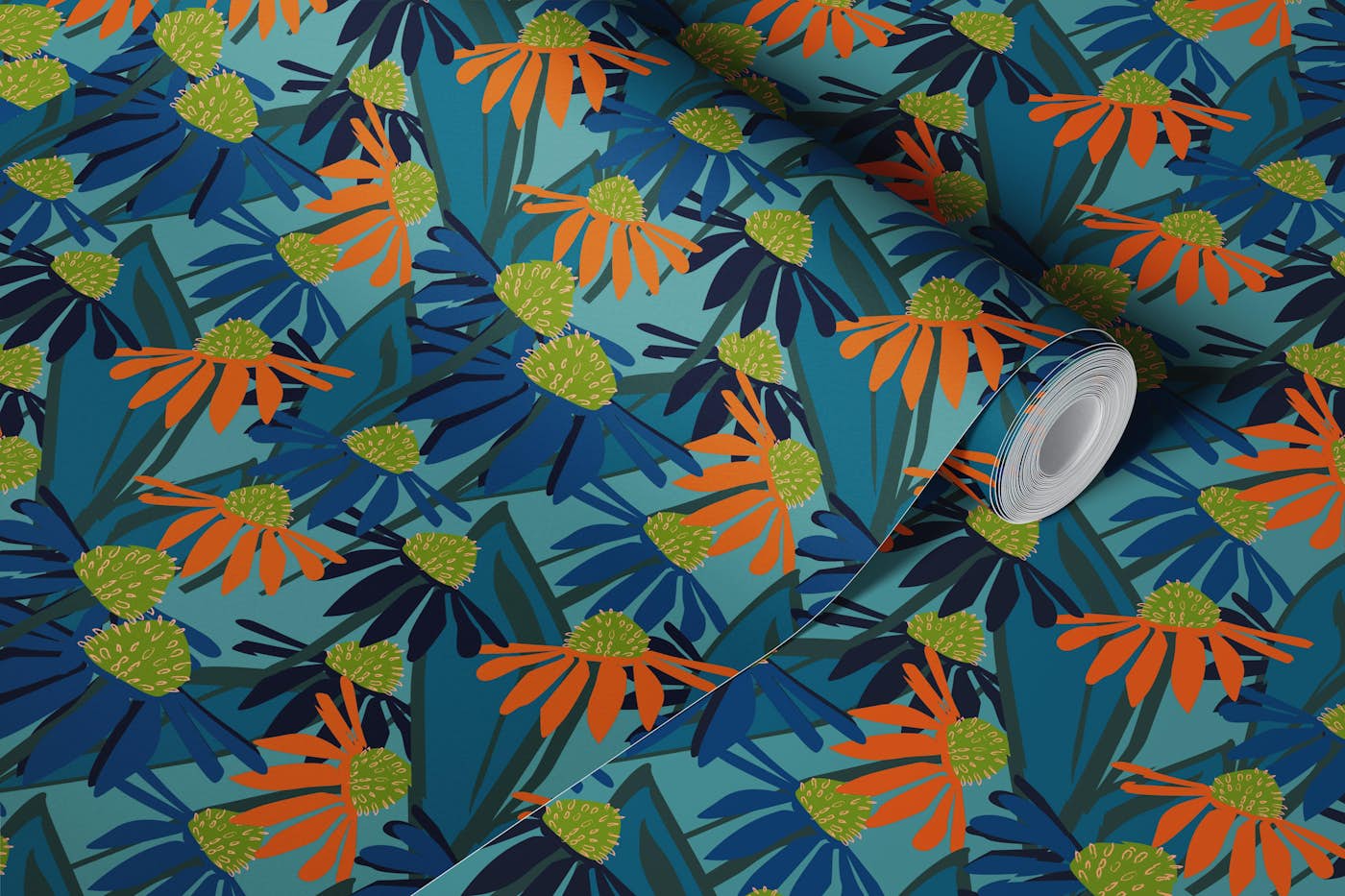 Cornflower Coneflowers in Teal wallpaper roll