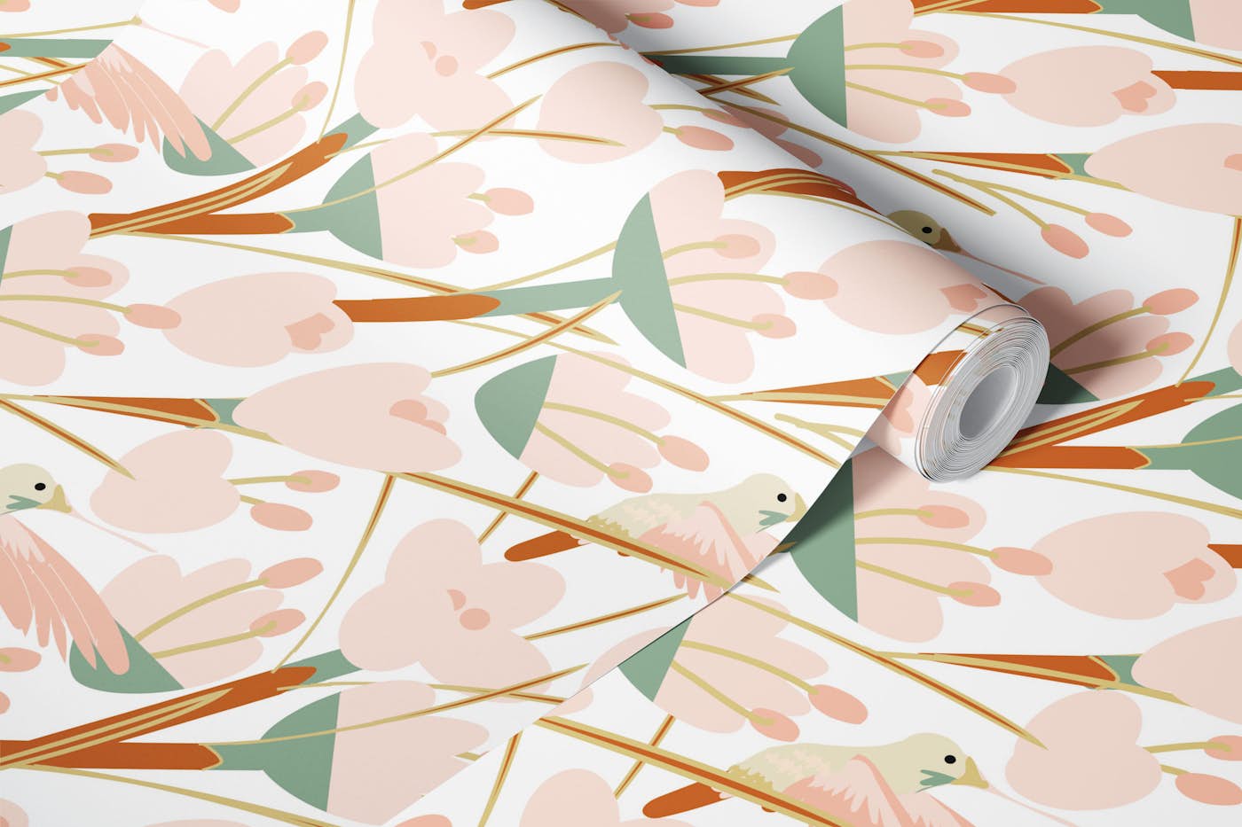 Blush Florals with Birds on White wallpaper roll