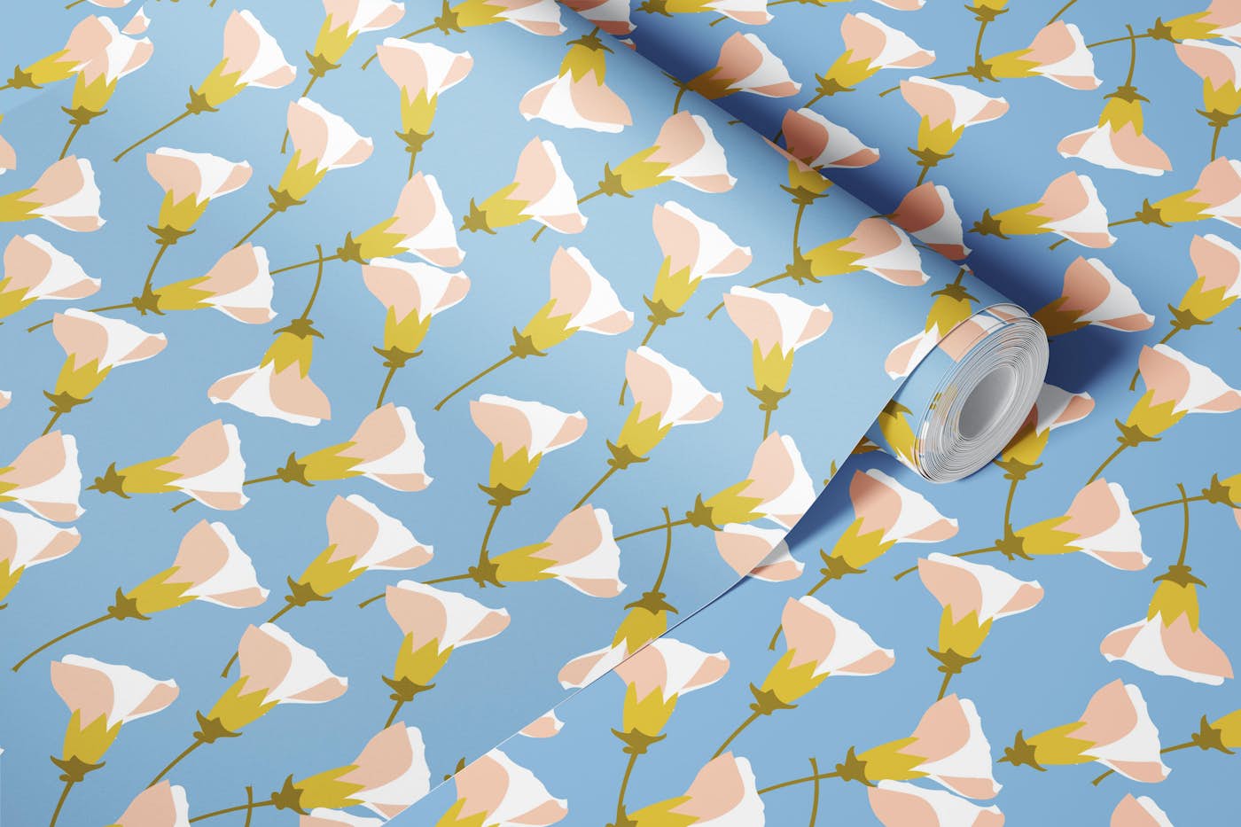 Soft Bell Flowers on Sky Blue wallpaper roll
