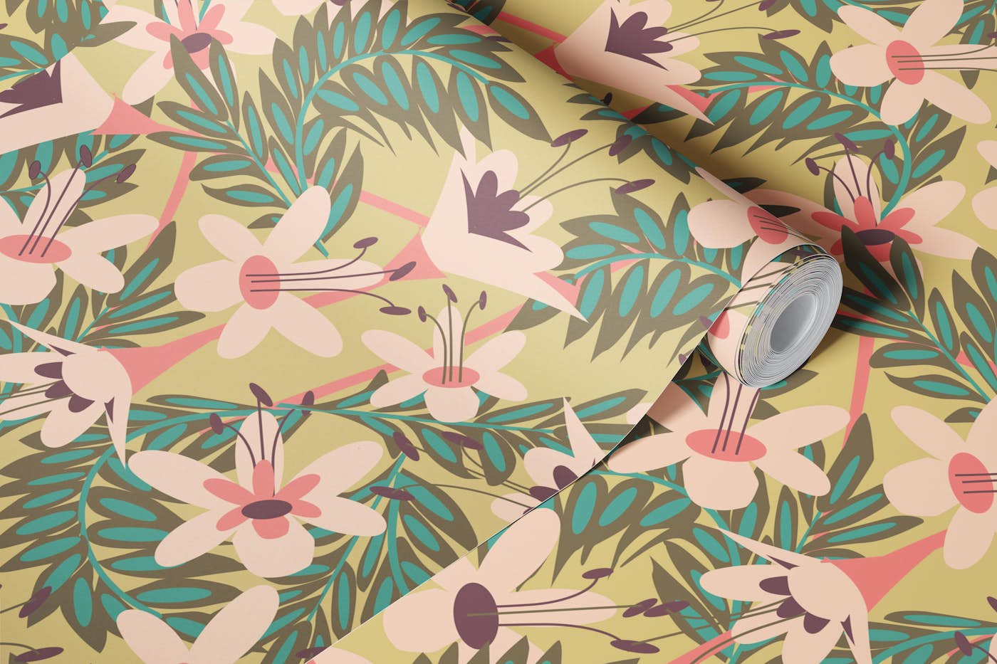Tropical Lilies on Olive Green wallpaper roll