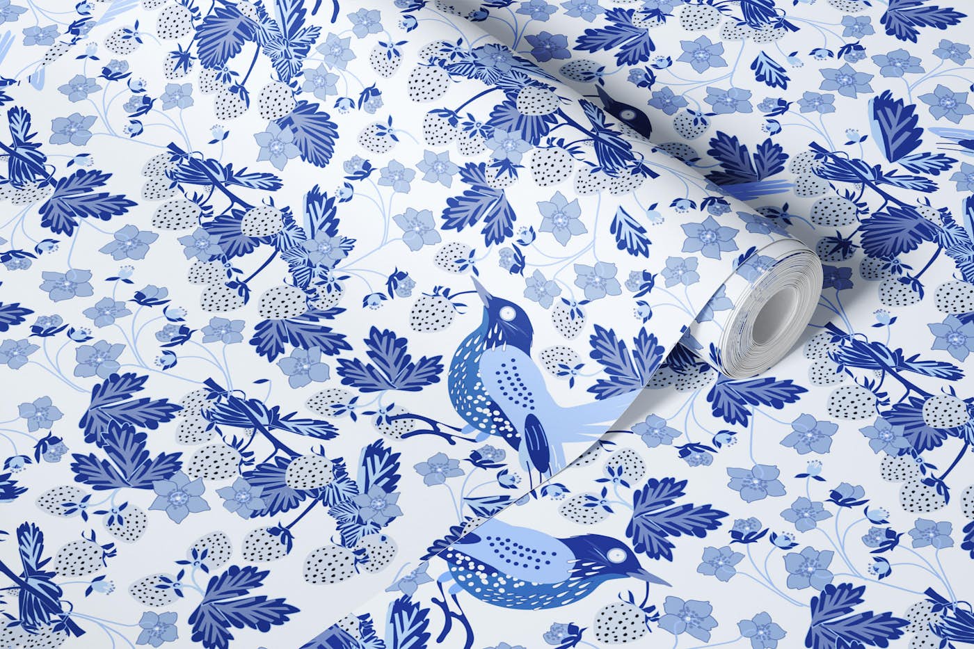 Blue Strawberry Thief with Birds wallpaper roll