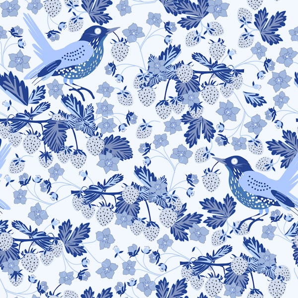 Blue Strawberry Thief with Birds