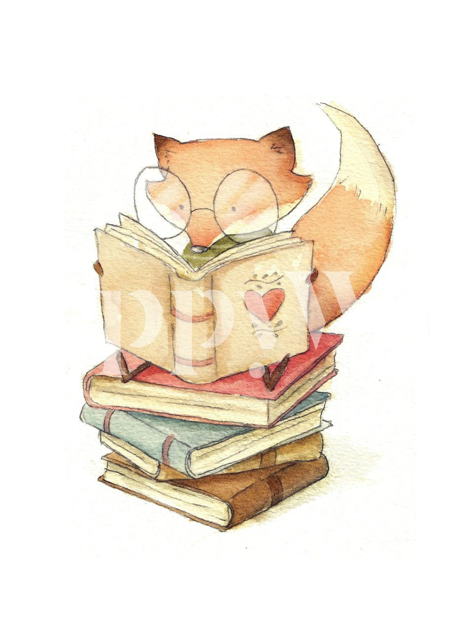 Illustration of a brown cat reading books wall mural