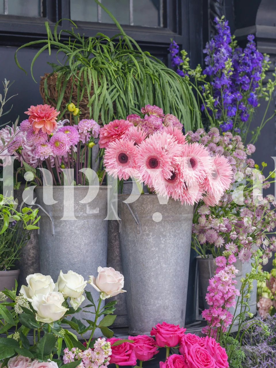 Rustic flower shop display wallpaper in a room