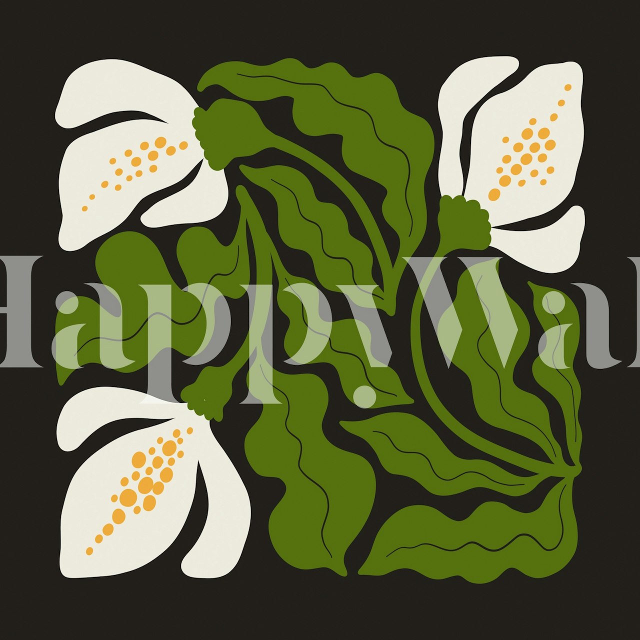 Floral design with white flowers and green leaves on dark background wallpaper