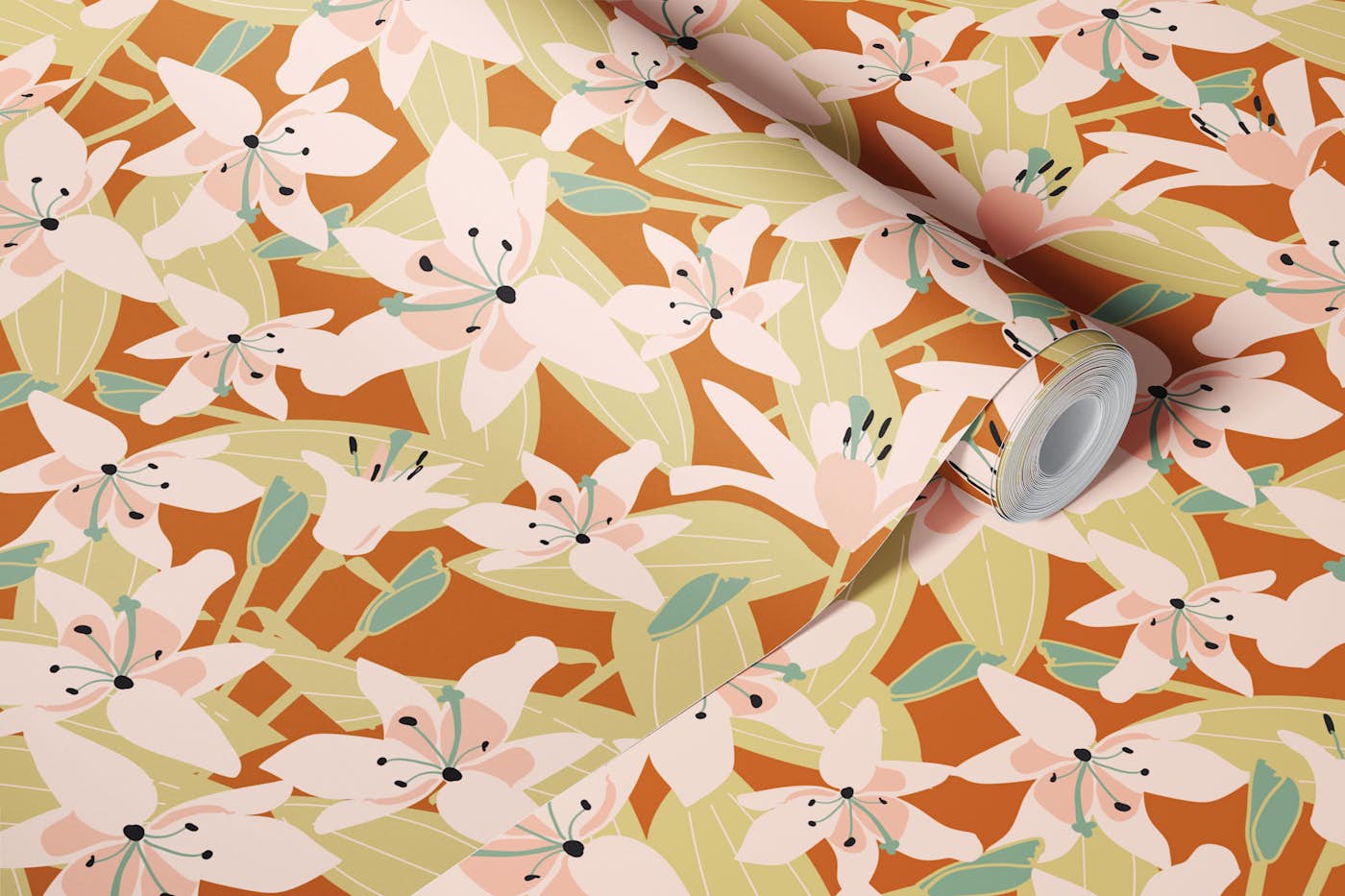 Blush Lilies with Sage Leaves on Rust wallpaper roll