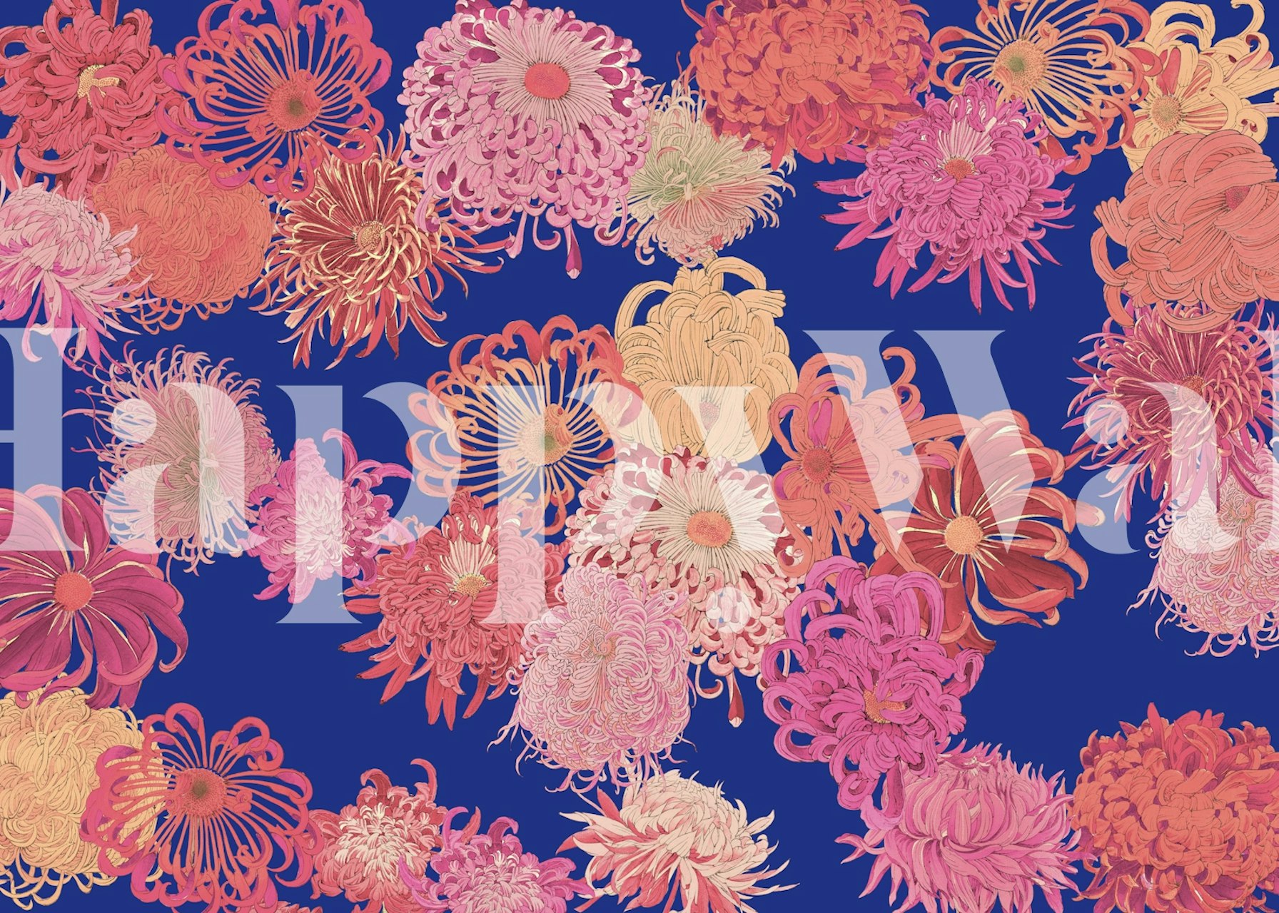 Floral wallpaper with bright blossoms on blue