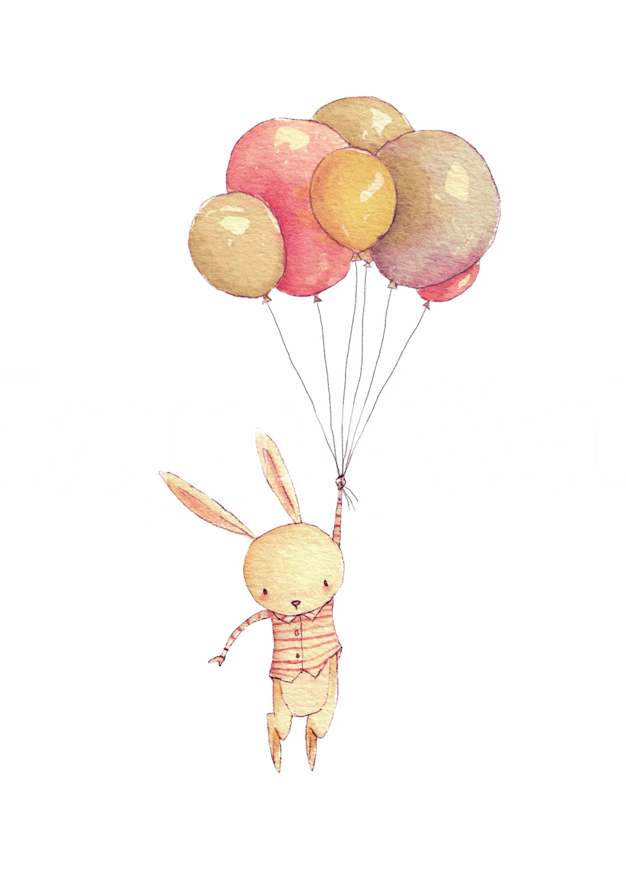 Cute flying bunny holding colorful balloons in pastel shades wallpaper