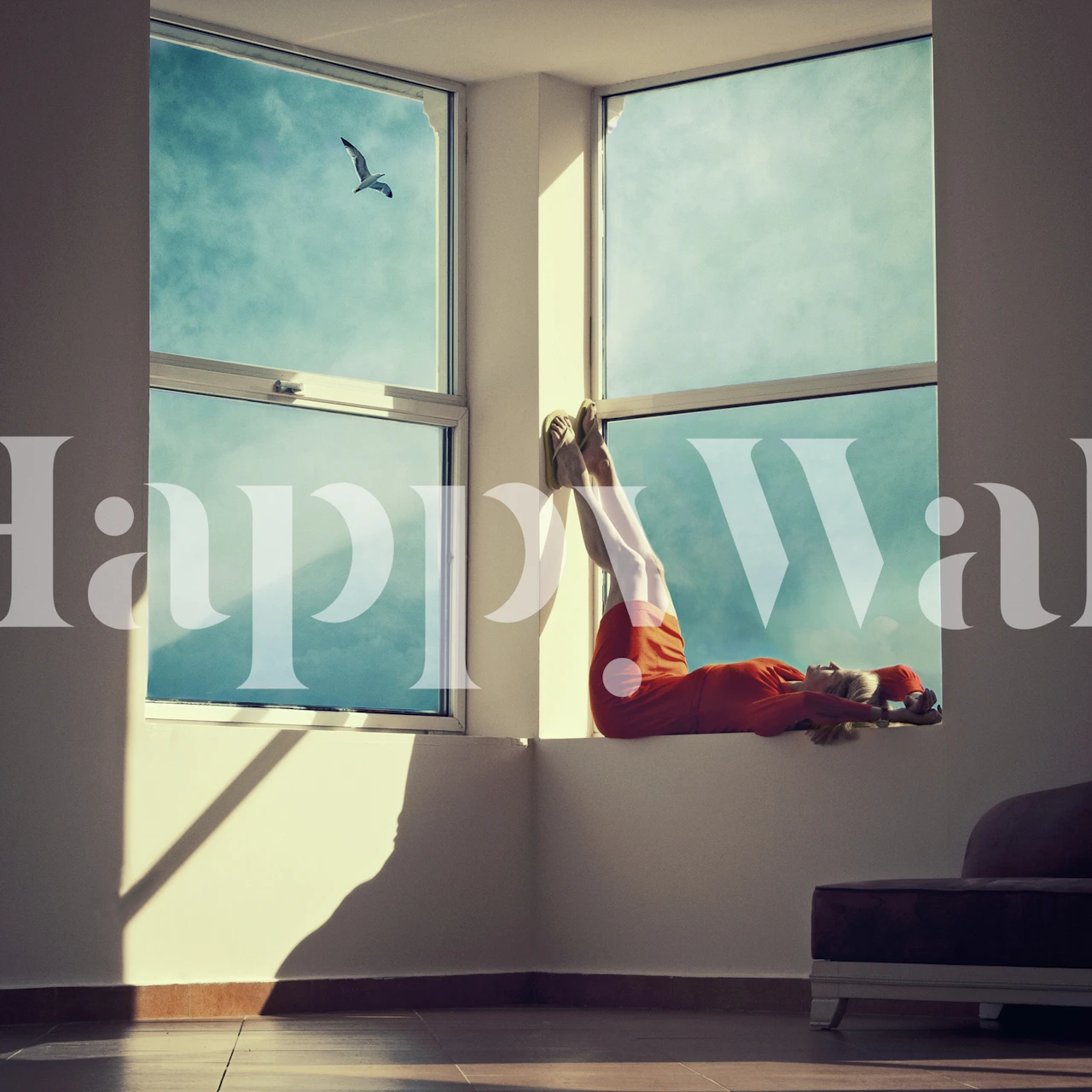 Blue cloud wallpaper with window views and figures