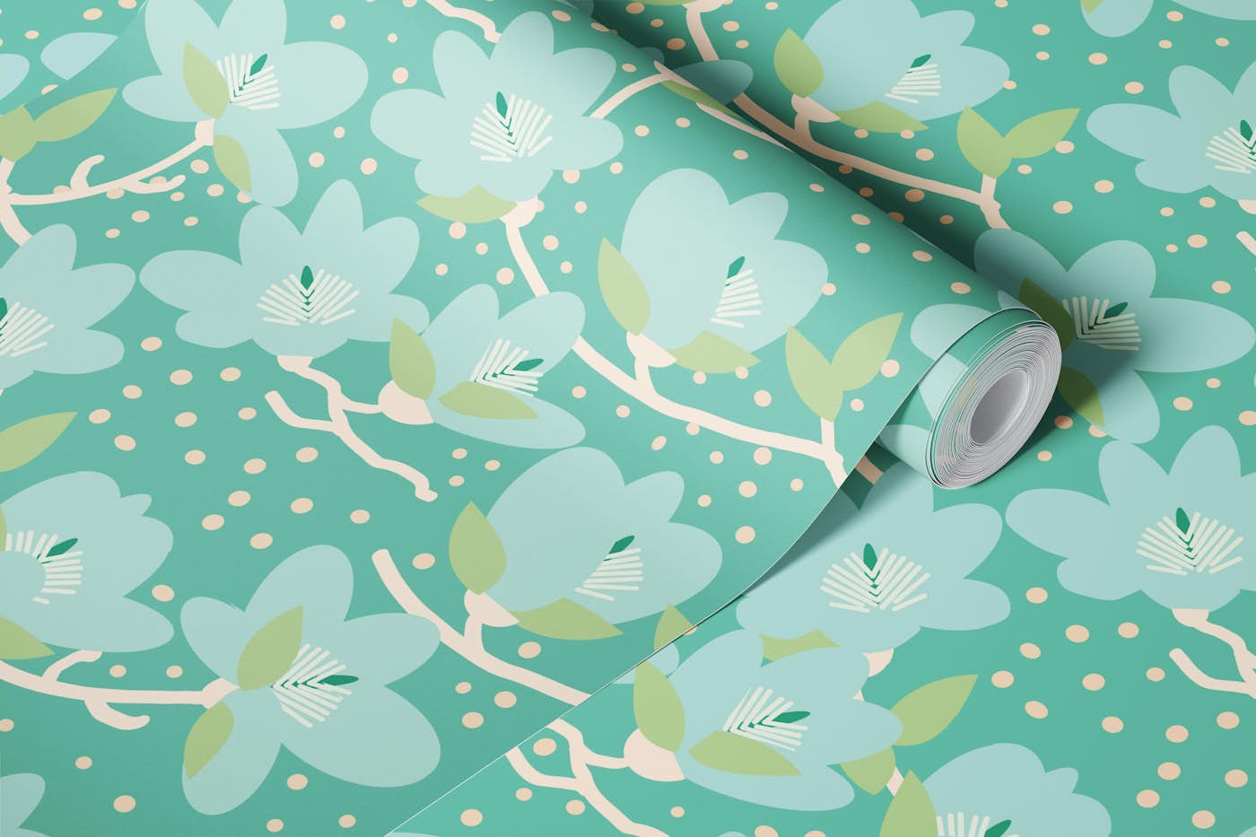 Teal Magnolia Floral with Soft Green Leaves wallpaper roll