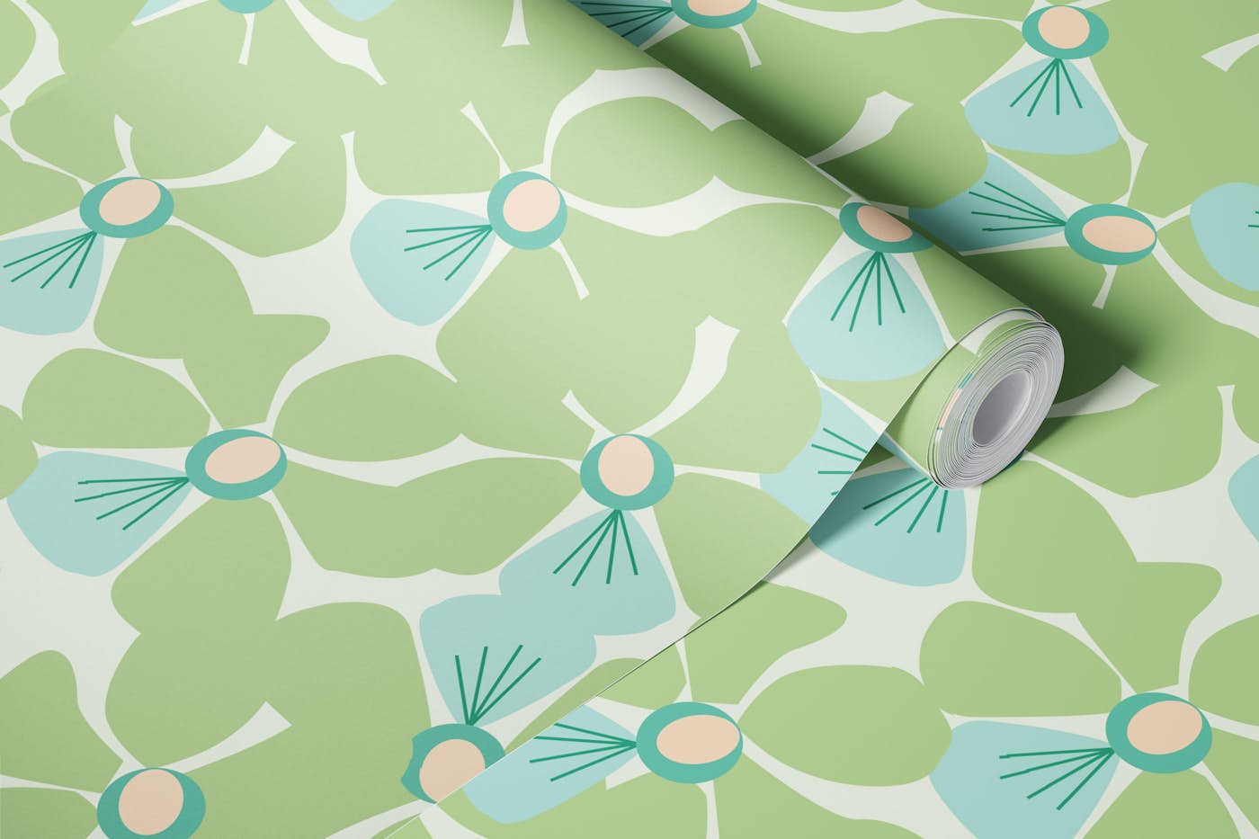 Green Dendrobium Orchid Abstract on Cream wallpaper roll