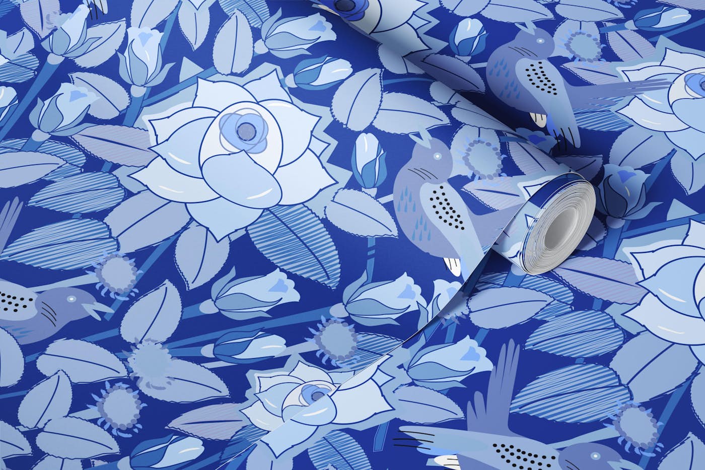 Blue Rose and Bird Garden Pattern wallpaper roll