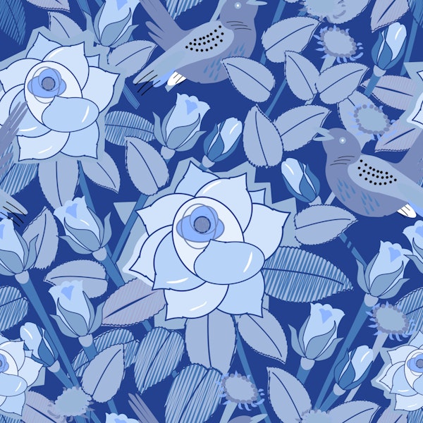 Blue Rose and Bird Garden Pattern