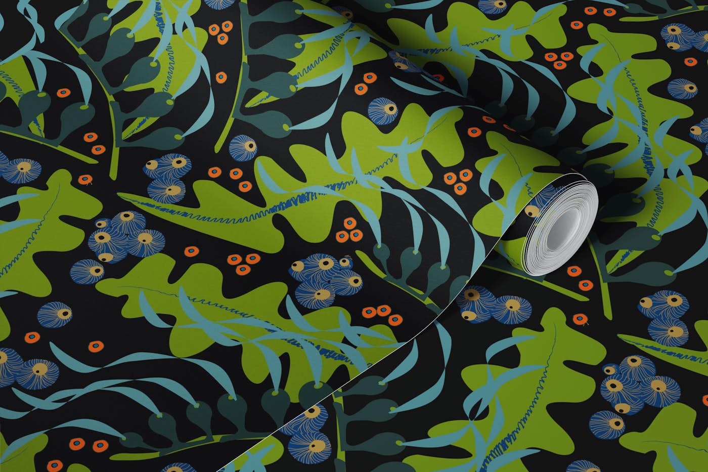 Dark Seaweed and Coral Pattern in Teal wallpaper roll
