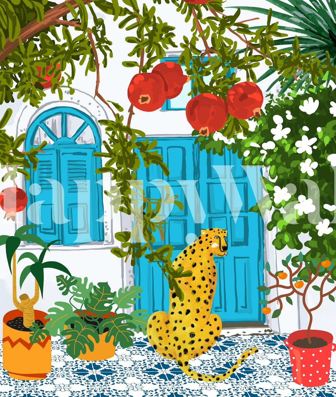 Moroccan floral wallpaper featuring a cheetah, pomegranates, and blue door