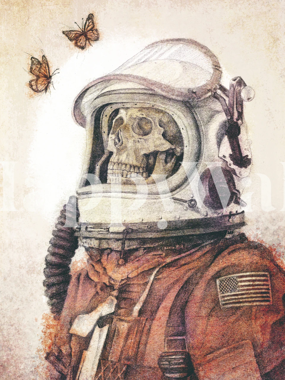 Astronaut skull with butterflies, vintage style wallpaper