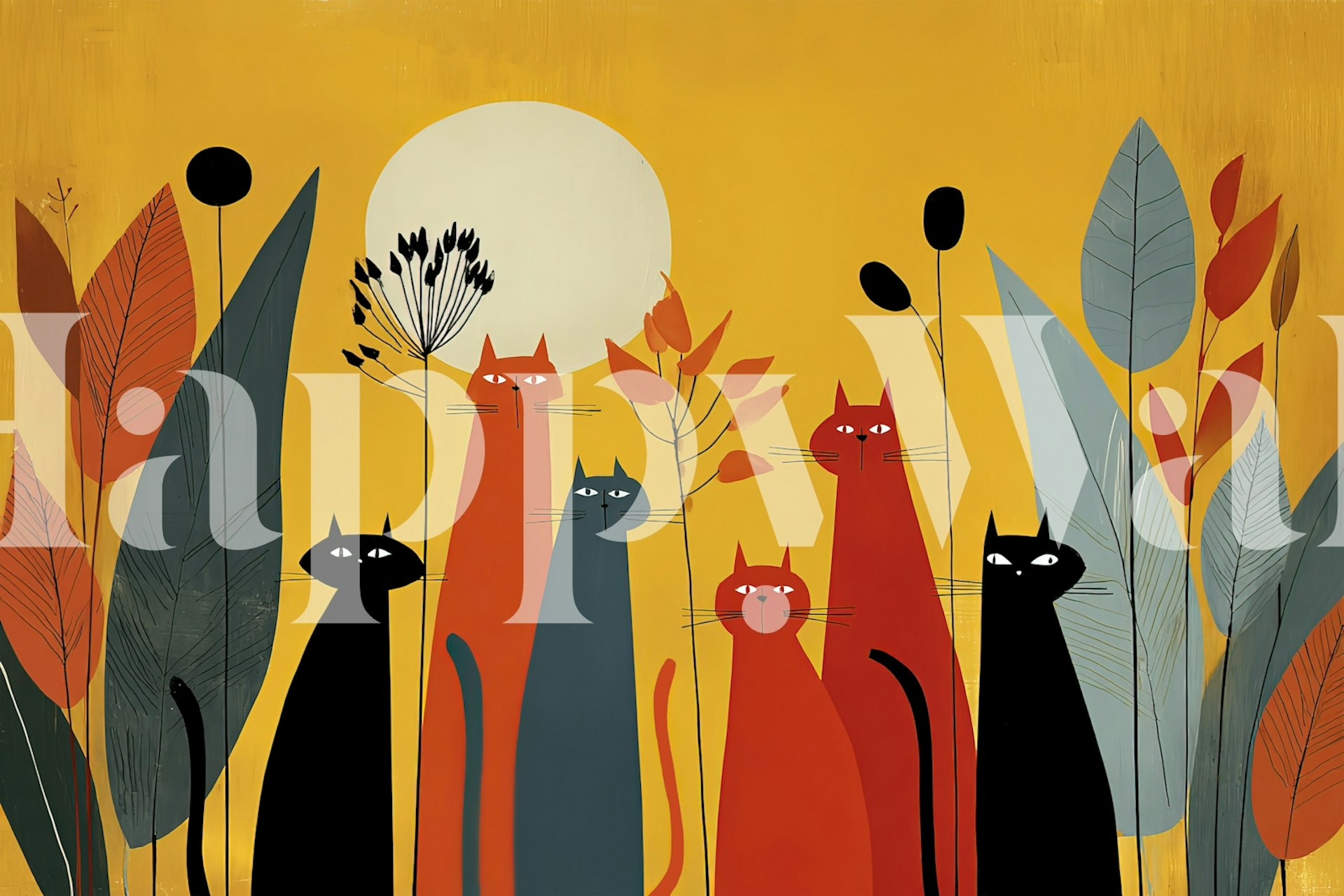 Colorful cartoon cats and leaves on yellow background wallpaper