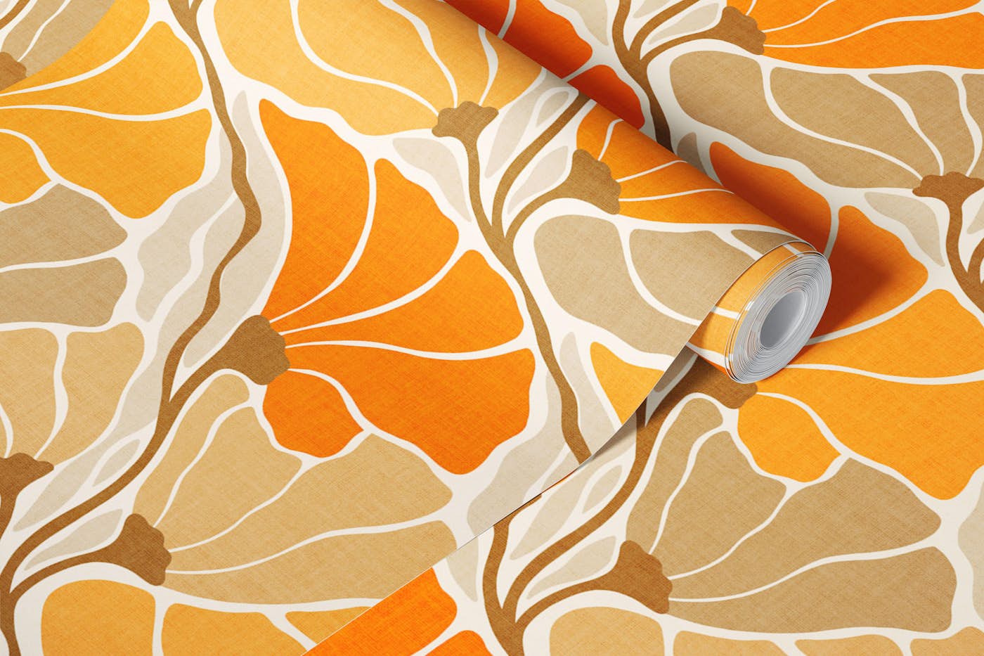 Sunny Floral Waves Yellow Orange wallpaper roll