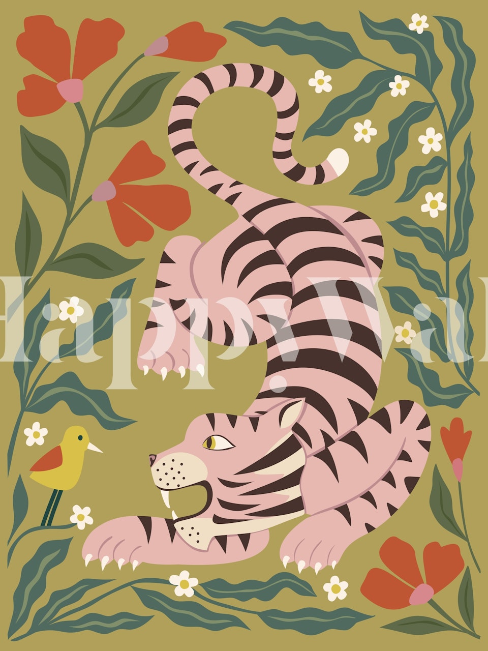 Pink striped tiger, yellow bird, red flowers, green leaves wallpaper