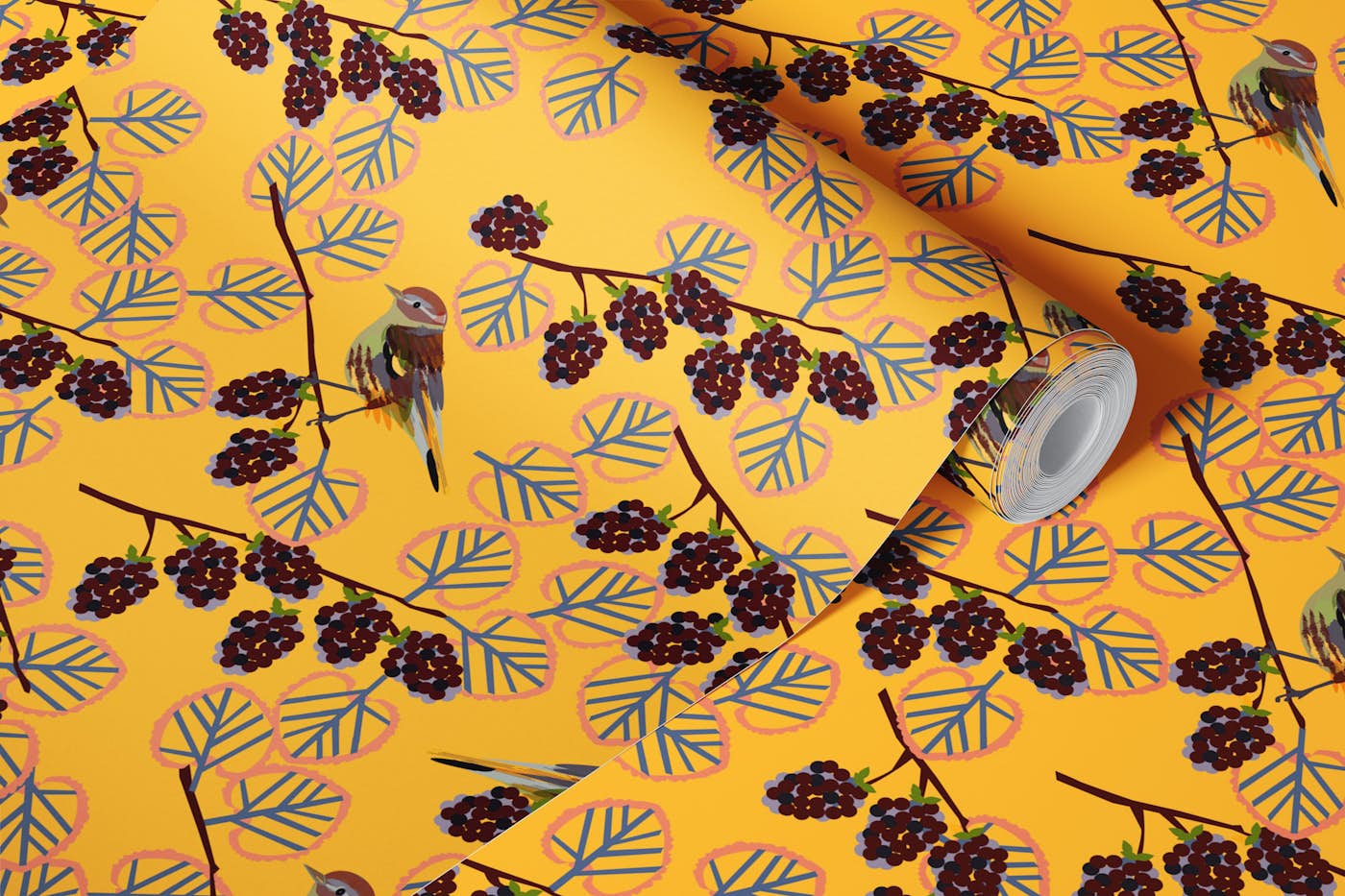 Chaffinch Berry Branches on Mustard Yellow wallpaper roll