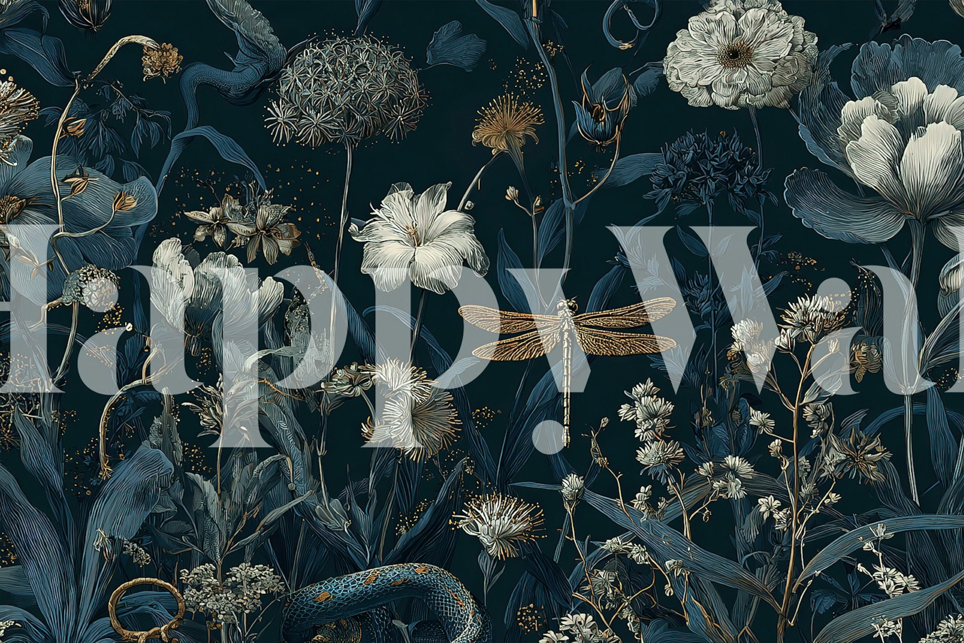 Botanical floral design with dragonfly and dark background wallpaper