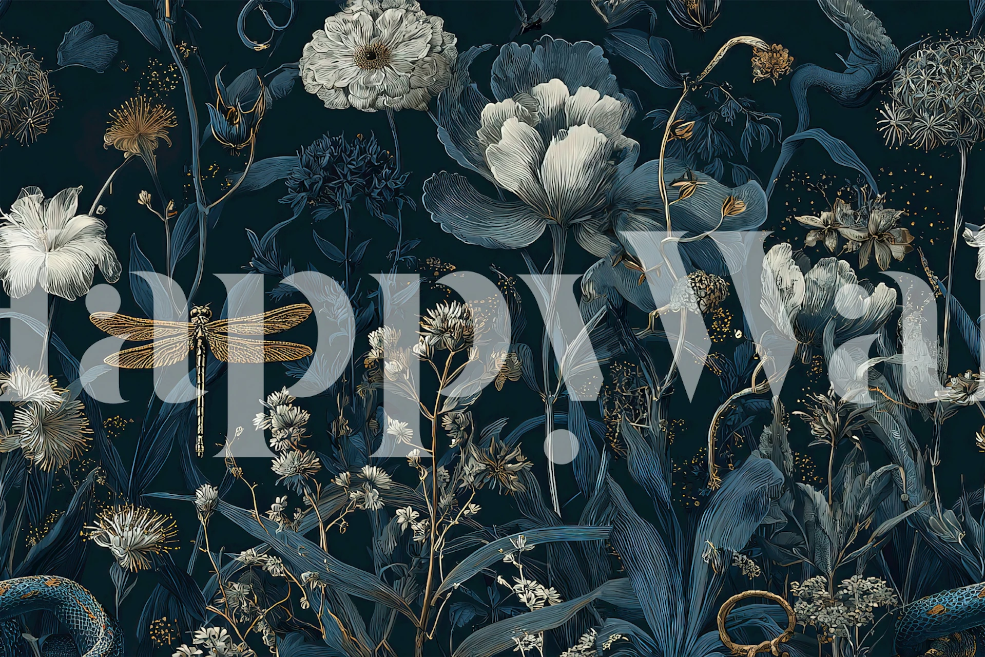 Botanical floral design with dragonfly and dark background wallpaper