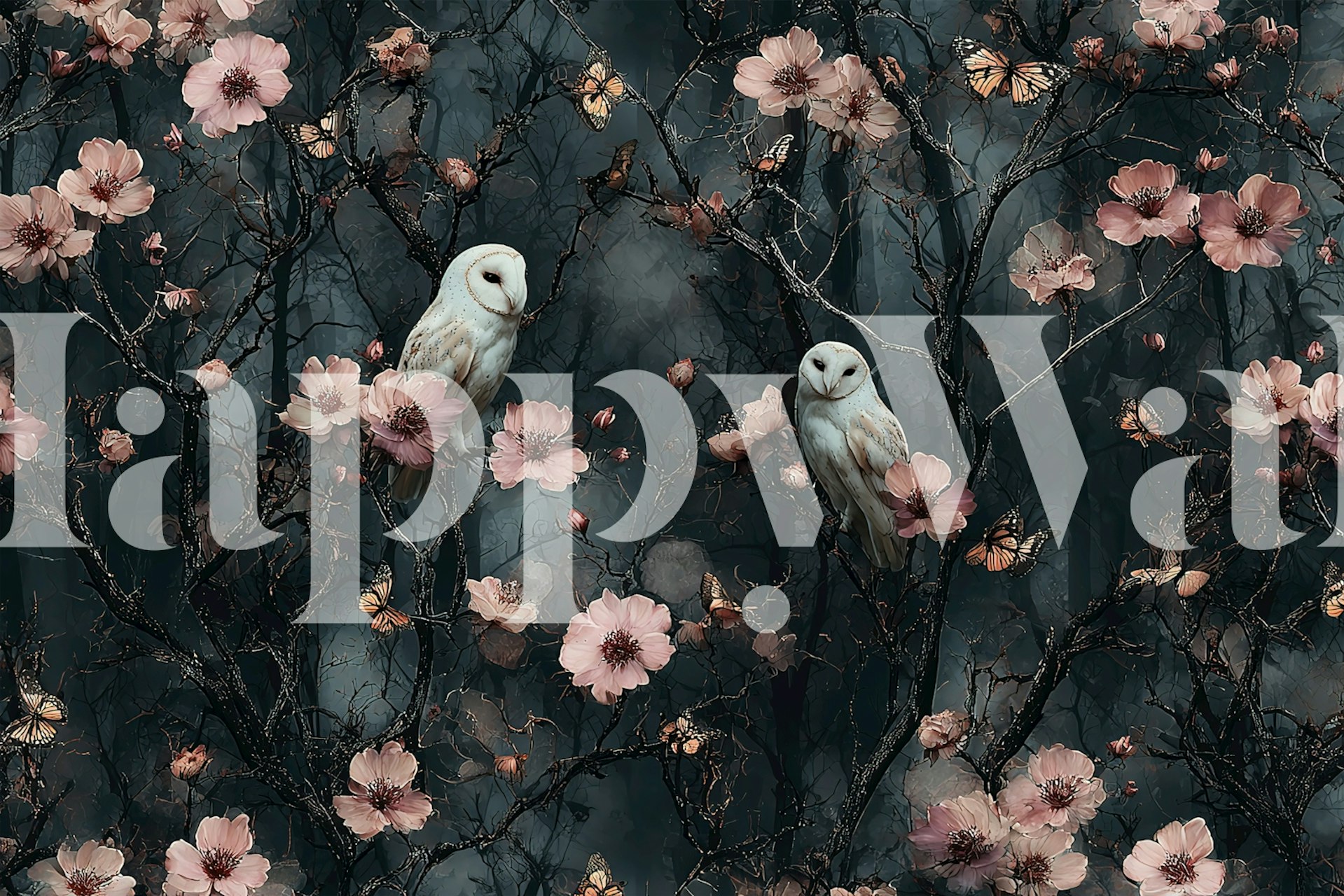 Twilight Forest Tapetdesign mit Eulen und Blumen