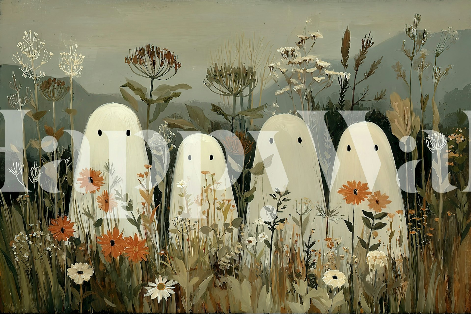 Cute spirits in bloom with white ghosts and orange flowers wallpaper