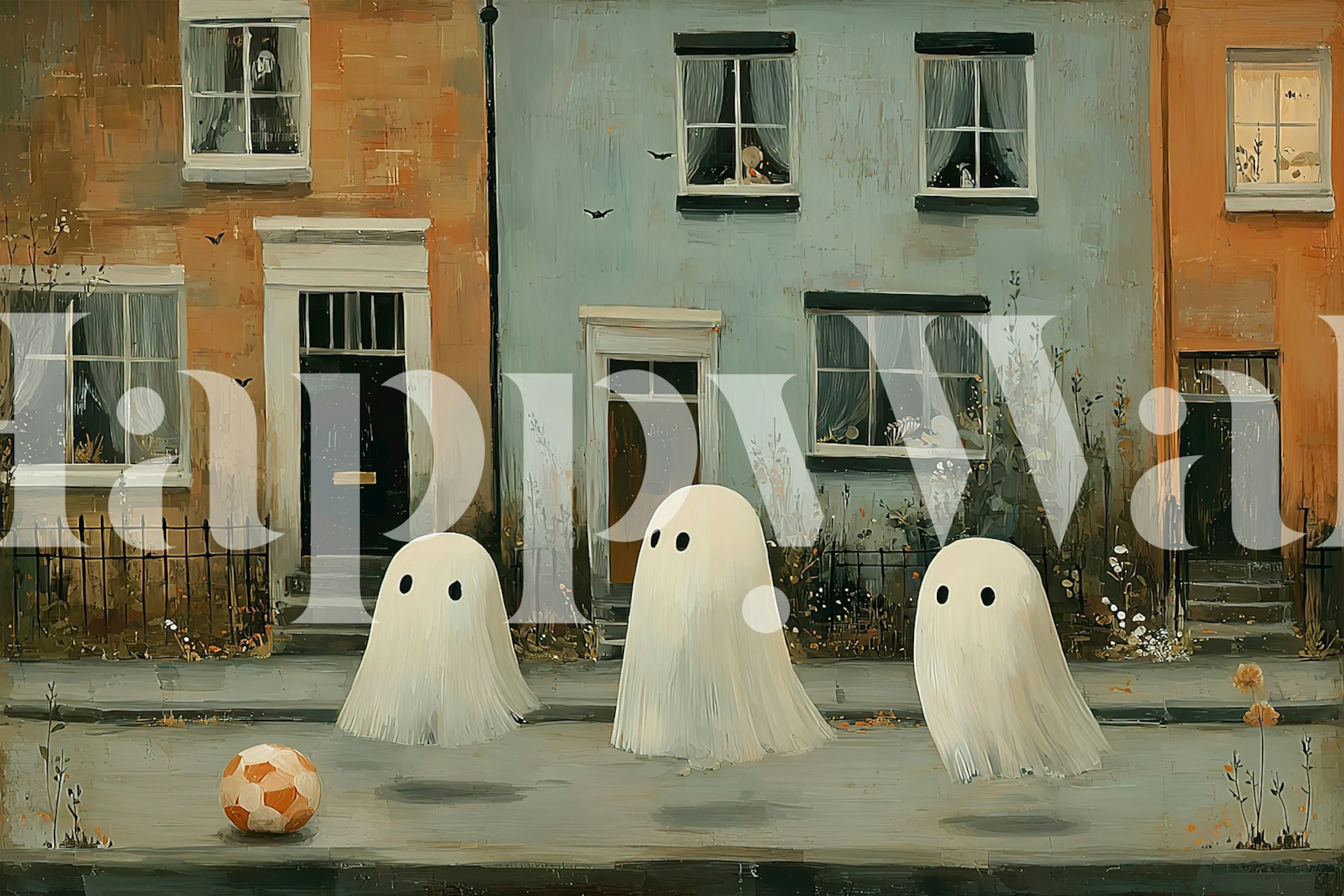 Playful ghosts and colorful houses wallpaper with a street scene