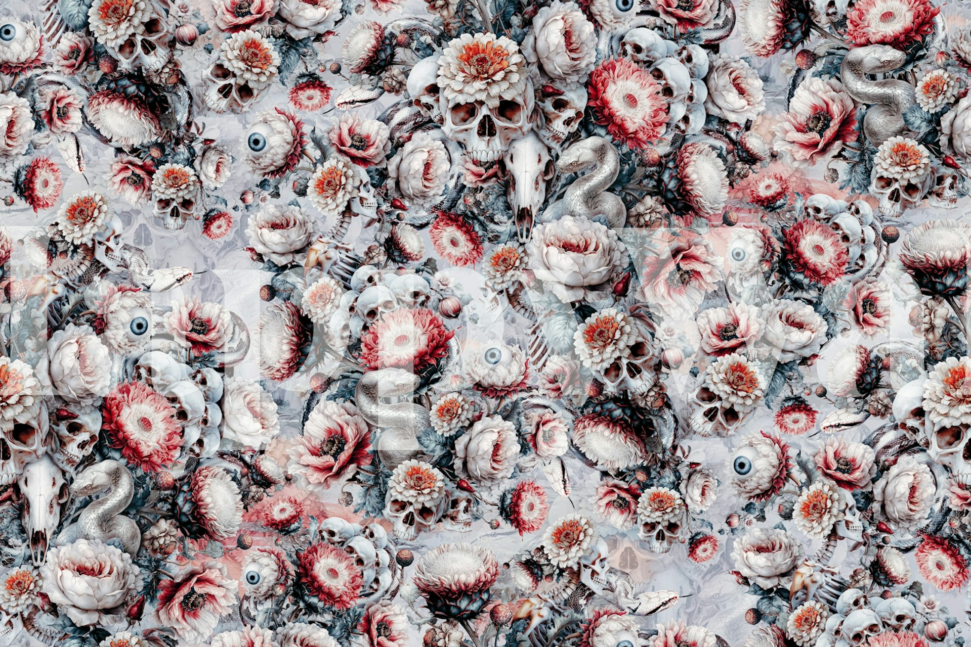 Floral skull pattern in gray and pink on wallpaper