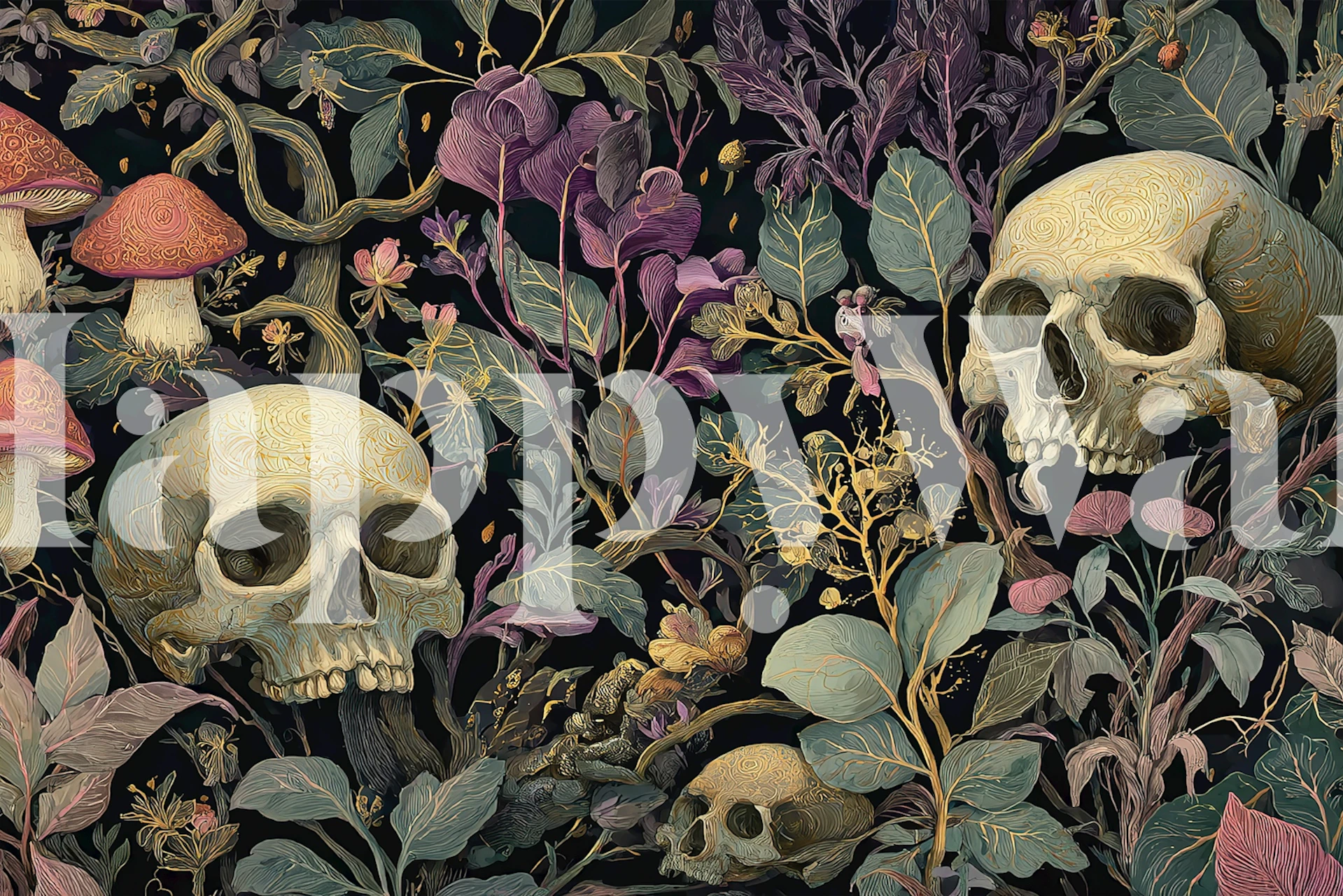 Floral skulls and mushrooms on dark background wallpaper.