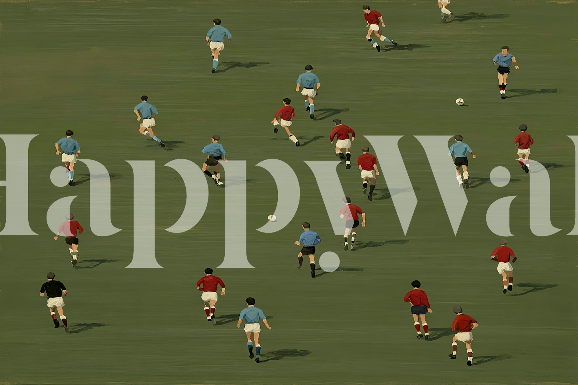 Vintage football match scene with players in red and blue jerseys wallpaper