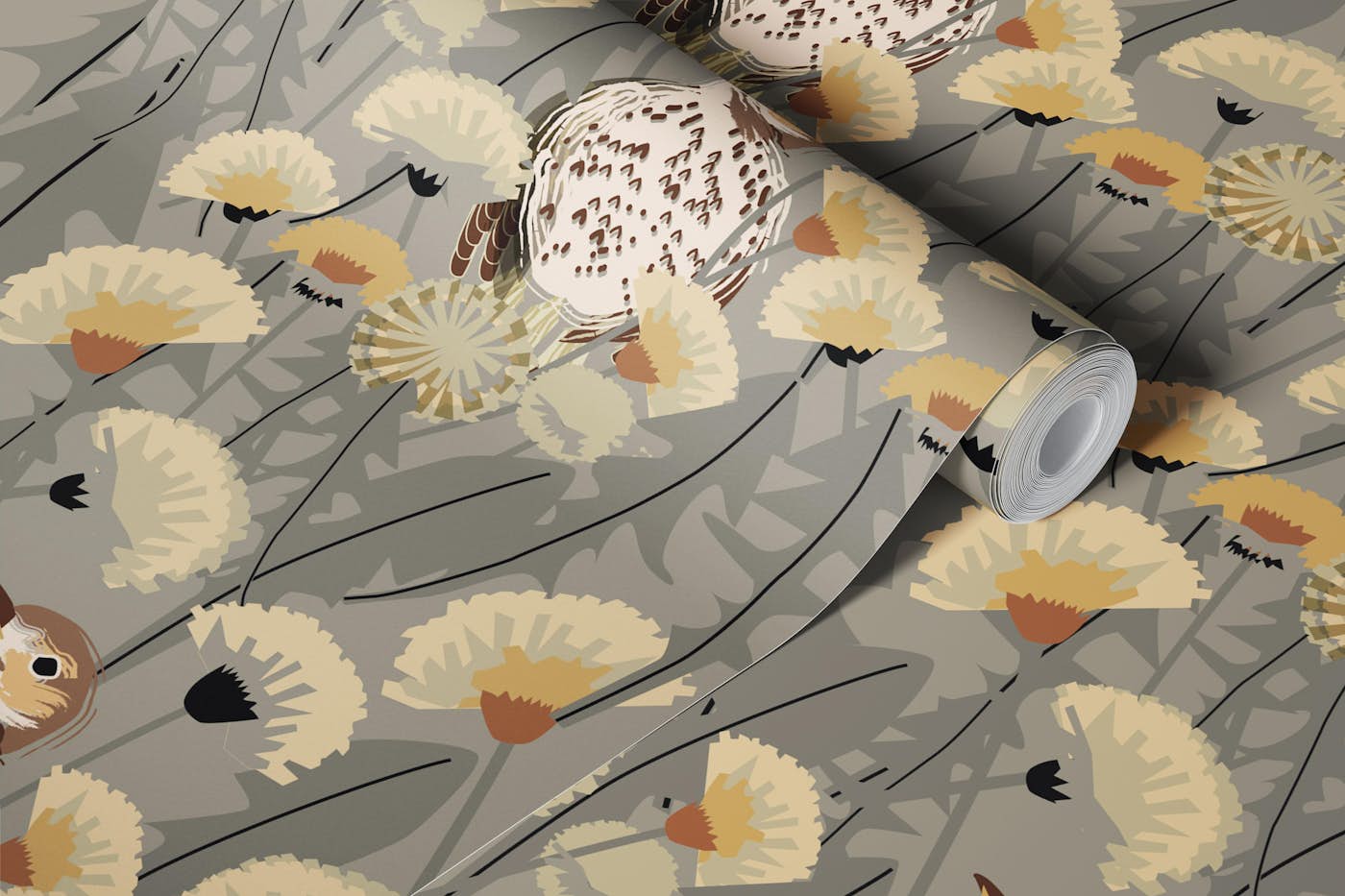 Thrush with Beige Dandelions on Grey wallpaper roll