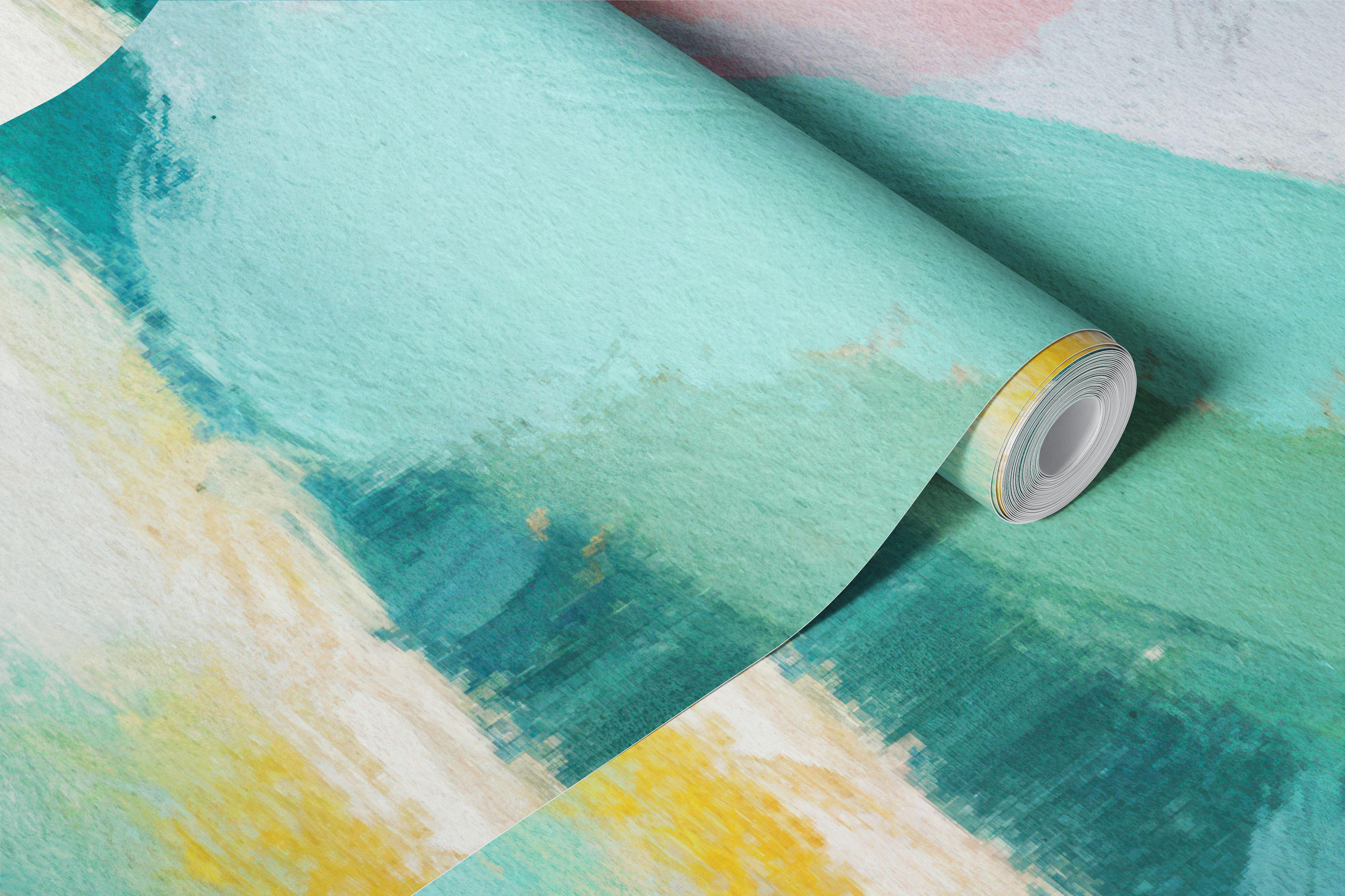 Colorful mountain scene wallpaper in a room