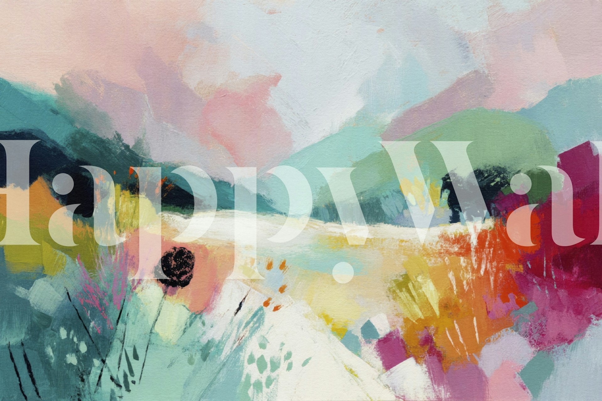 Colorful mountain scene wallpaper in a room