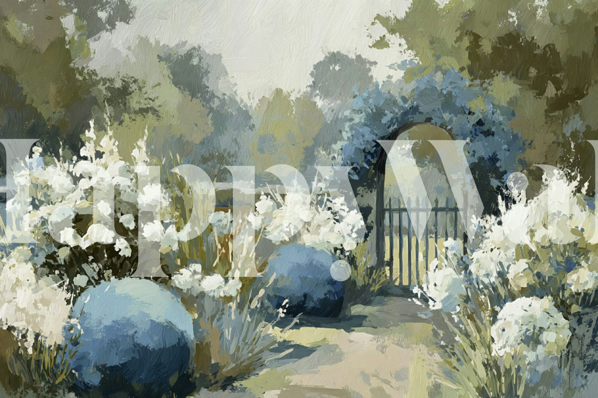 White flowers and blue spheres in a garden with a gate wallpaper