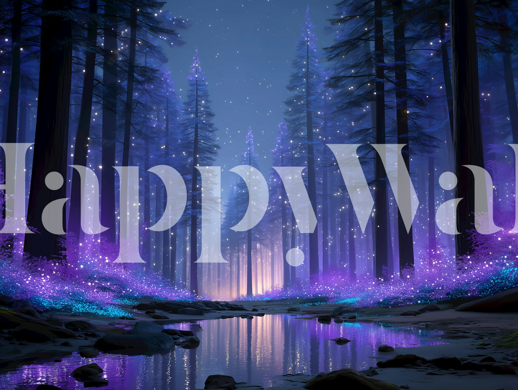 Magical forest with glowing purple lights and reflections, wallpaper