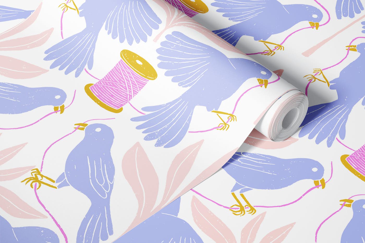 Sewing Birds In Blue Pink And Yellow wallpaper roll
