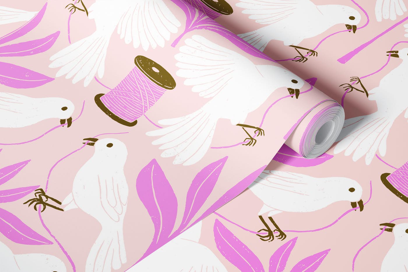 Sewing Birds in Pinks and Cream wallpaper roll