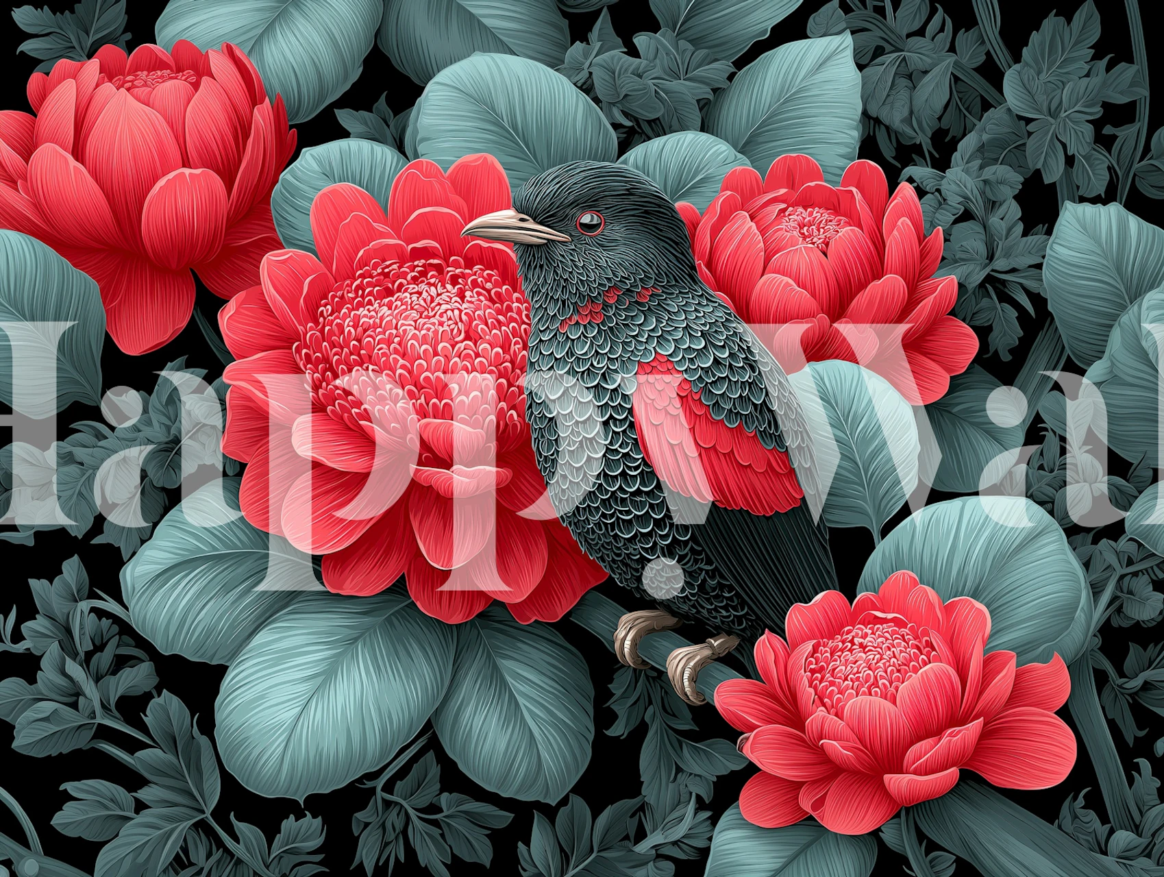 Crimson Blossom Bird tapet i et rum