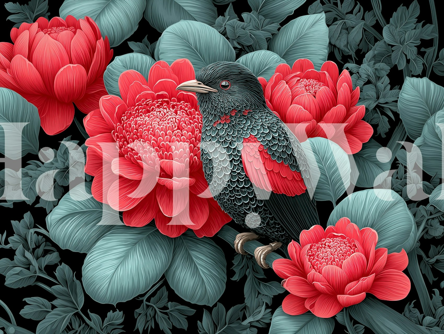 Ταπετσαρία Crimson Blossom Bird σε ένα δωμάτιο