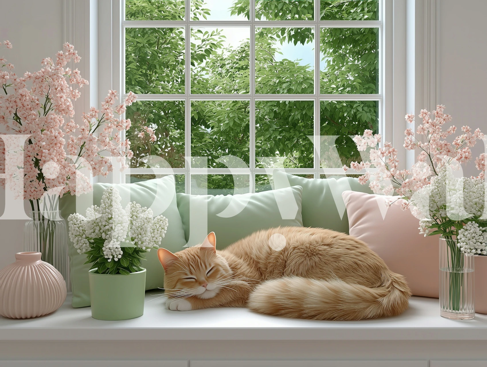 Cozy Cat on Window Seat med blomster