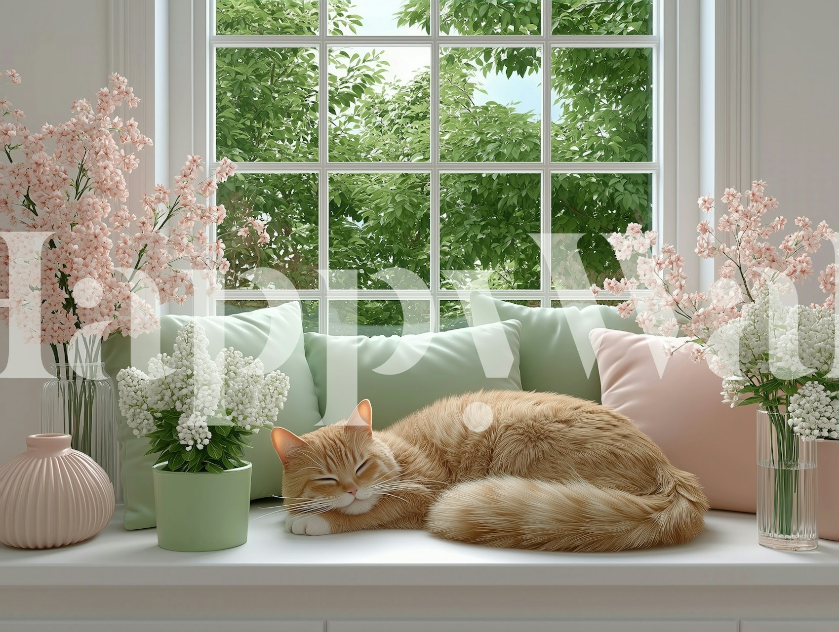 Cozy cat on window seat with flowers