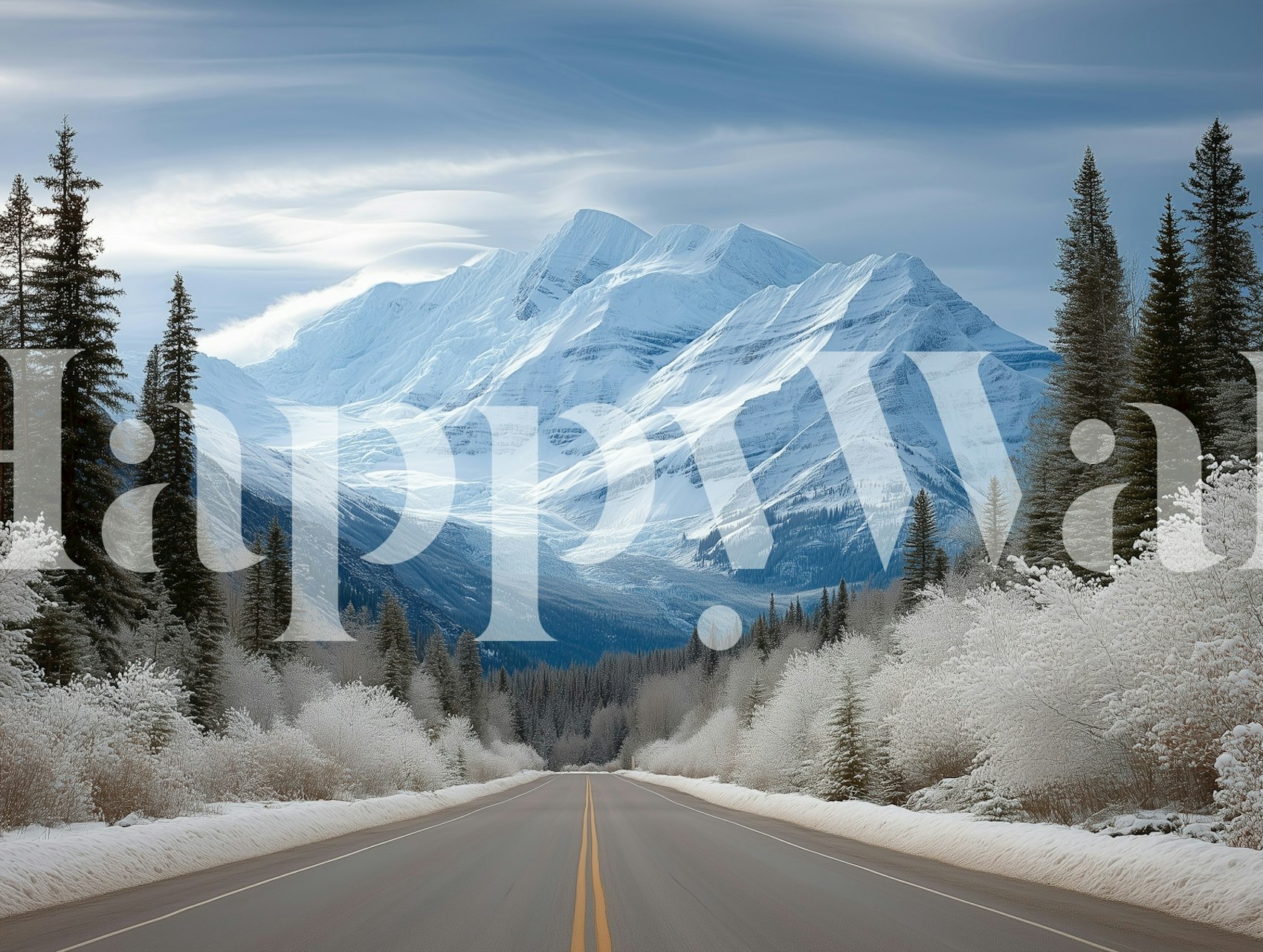Snowy mountain range with frosted trees and a road wallpaper
