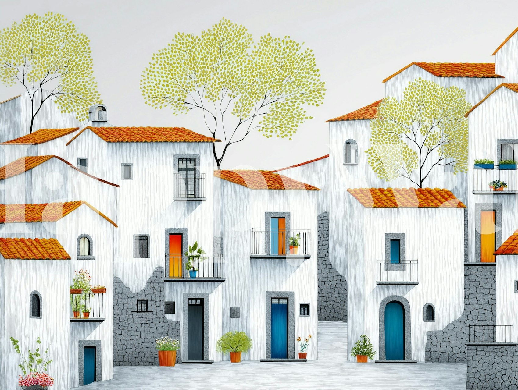 Serene Village Landscape wallpaper in a room