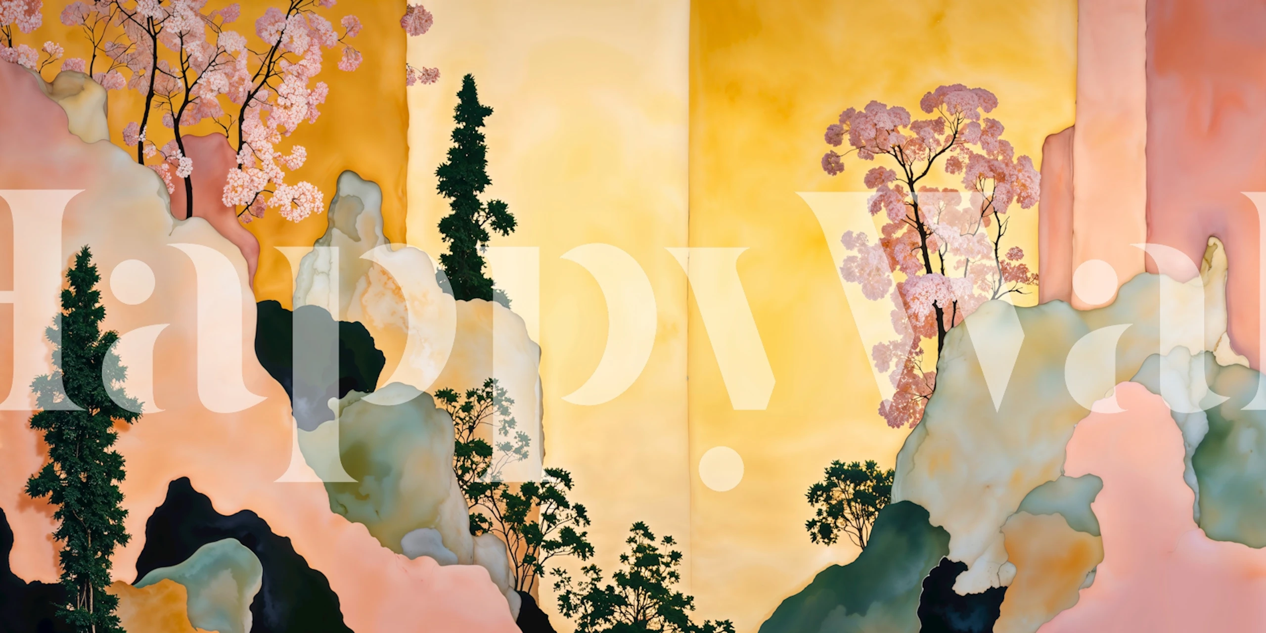 Pink blossoms and green trees on a soft pastel background wallpaper