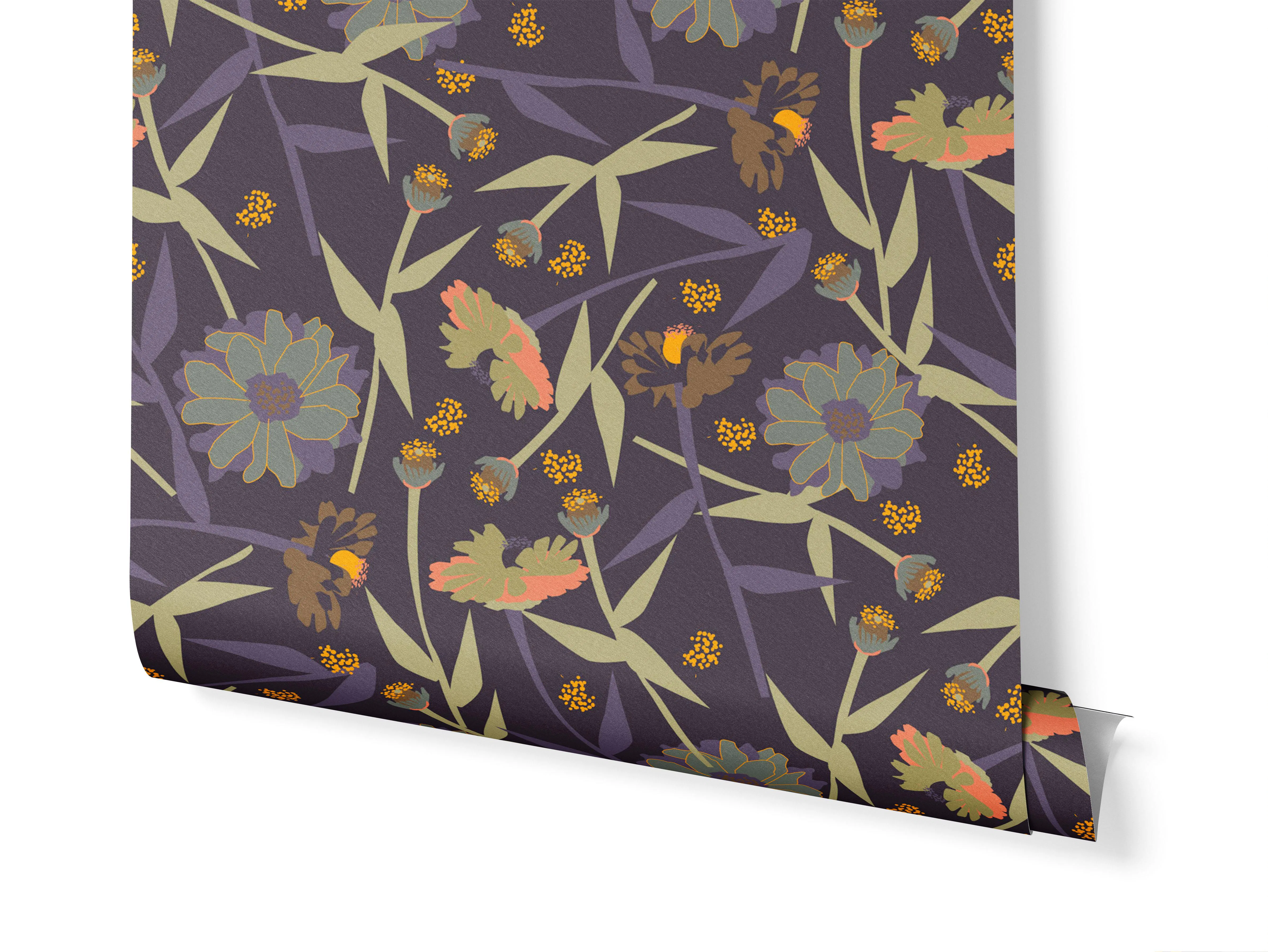 Autumn Meadow Floral Pattern on Mustard wallpaper roll