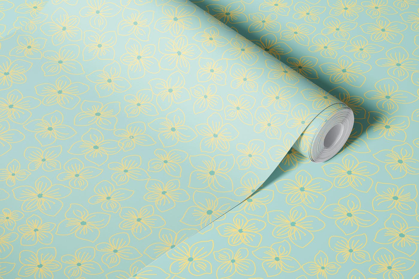 Yellow Outline Floral on Aqua wallpaper roll