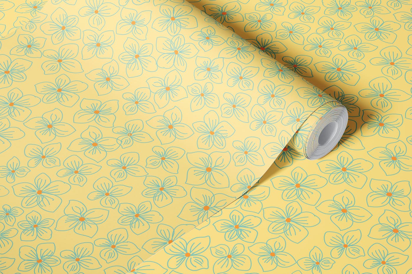 Yellow Line Florals on Aqua Blue wallpaper roll